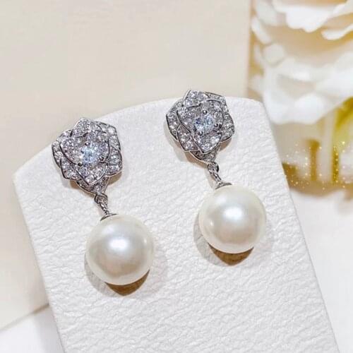 Elegant Lady Romantic Pearl Rose Earrings Women Standard Silver Anti Allergy White AAA Zircon Fashion Hot Money Brand Jewelry