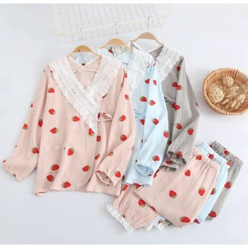 Japanese-style kimono spring and autumn ladies 100% cotton crepe pajamas set lace plus size loose tether yukata set home service