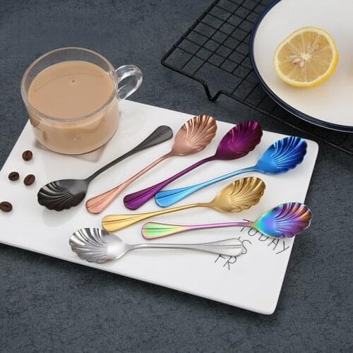 1 Pcs Shell Shape Teaspoons Creative Stainless Steel Coffee Ice Cream Sugar Spoons Home New Kitchen Bar Colorful Rainbow Spoons