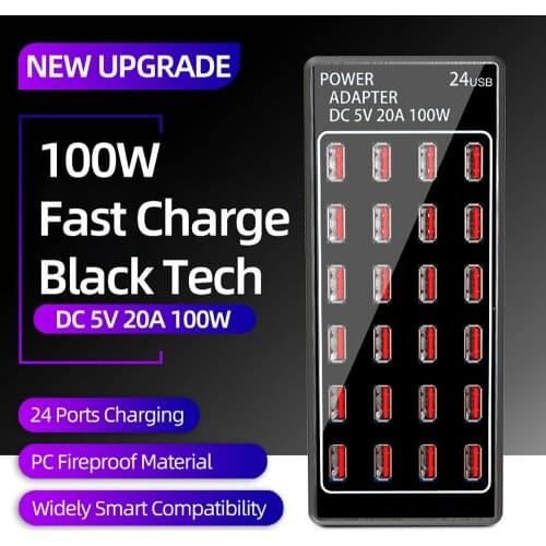 100W 24 Ports USB Charger Dock Station Power Adapter 5V 20A USB Mobile Phone Fast Charging USB Hub Multi-Port Power Adapter Dock