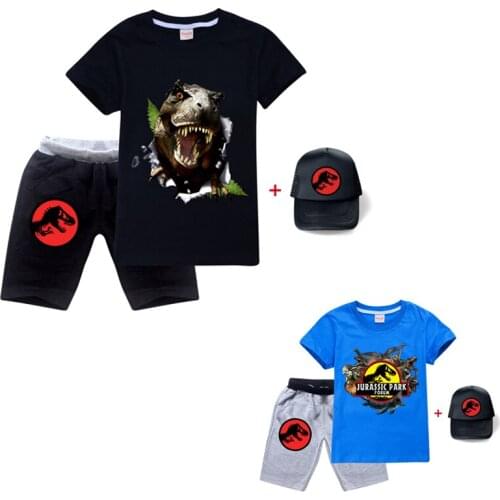 Kids Clothes Jurassic Park Toddler Boys Cartoon Outfits Girls Summer Tees Suits Children Clothing T-shirt+Shorts+Cap 3PCS Setes
