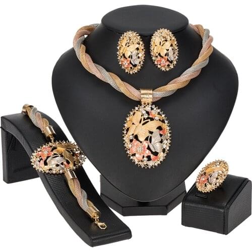 African Jewelry Charm Necklace MUKUN Earrings Dubai Gold Jewelry Sets for Women Wedding Bridal Bracelet Ring Pendant Jewelry Set