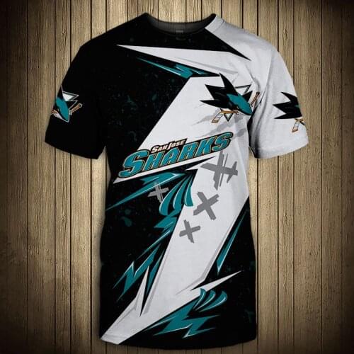 San Jose fashion casual men Sharks t-shirt Stitching design geometric pattern cartoon fish print cool tops
