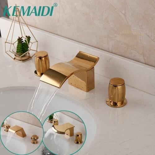 KEMAIDI Solid Brass Bathroom Sink Wash Basin 2 Handles Waterfall Faucet Golden Plated Bathtub Mixer Tap Faucet Deck Mounted