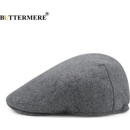 BUTTERMERE Grey Flat Cap Men Winter Woolen Beret Fitted Thick Warm Hat Female Retro Duckbill Cabbie French Style Hats Solid