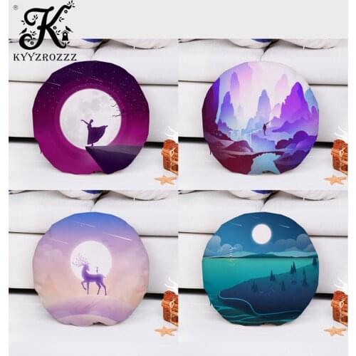 Round Printed Cushions, Landscape Animals, Geometric Moon, Night Sky, Linen, Home Sofa, Round Pillowcase Funda Cojin45*45CM