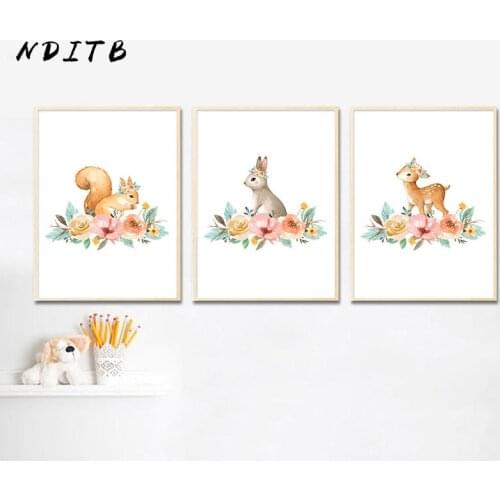 Woodland Animal Flower Art Canvas Poster Nursery Wall Painting Print Deer Squirrel Decoration Picture Nordic Kid Baby Room Decor