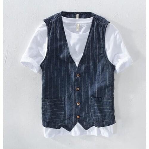 Male Clothing Leisure Suits Plus Size S- 5Xl 6Xl Summer Linen Vest Thin Vest Men Casual Sleeveless Jacket Stripe Waistcoat