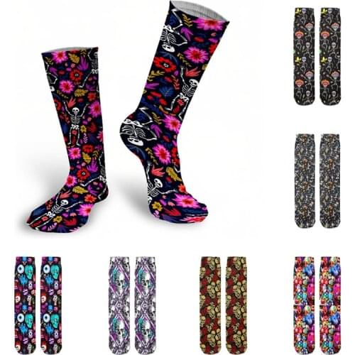 Punk Floral Compression Cotton Socks Skull Colorful Skateboard Socks Unisex Women Medium Tube Socks Autumn Winter Warm Socks