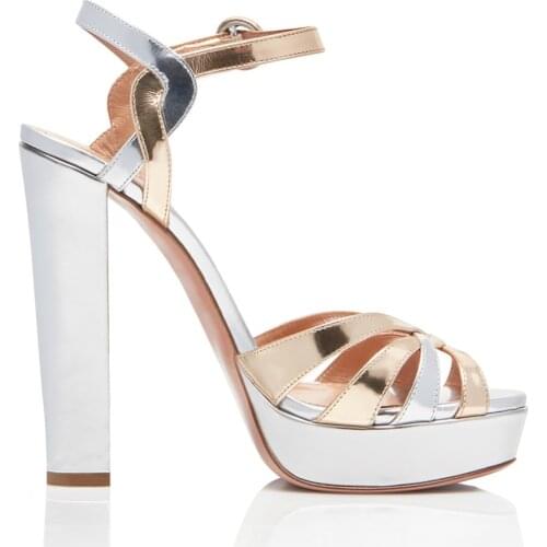 Mix Color Gold Silvery Patent Leather Platforms Women Block High Heel Sandals Strappy Designer Shoes Plus Size 45