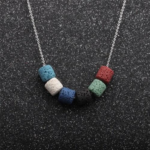 Colorful Cylinder Lava Stone Bead Essential Oil Diffuser Necklace Aromatherapy Stainless Steel Chain Jewelry