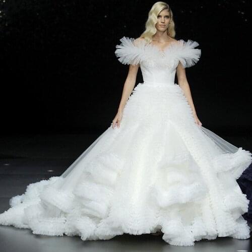 Luxury white floor Dress Tulle Ball Wedding party birthday dress for women off the shoulder ruched sexy backless prom elegant