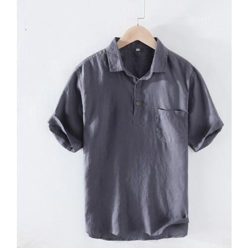 100% Pure Linen Short Sleeve Shirts for Men Summer New Fashion Pullover Tops Male Casual Solid White Turn-down Collar Polo Shirt