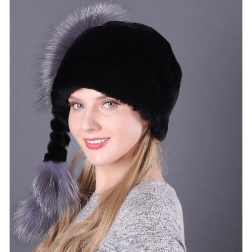 Hat Thickened Warm Hat In Autumn And Winter Rex Rabbit Fur Grass Hat Rex Rabbit Wool Woven Rope Cap Fox Wool Ball Female
