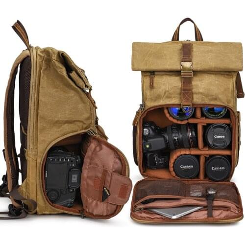 Camera Bag Batik Canvas+Leather Waterproof Camera Backpack DSLR Case Padded Large Photo Bag for Camera Nikon Canon m50 Olympus