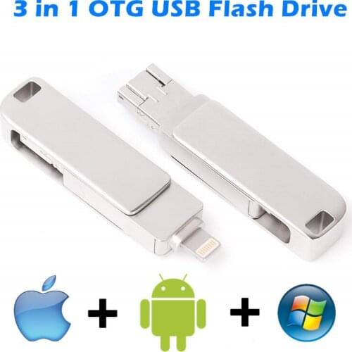 USB Flash Drive for lightning/Andriod/PC 3 in 1 OTG 64GB 128GB Pendrive for iphone12/11/X/9/8/7/6/5S USB 3.0 16GB 32GB