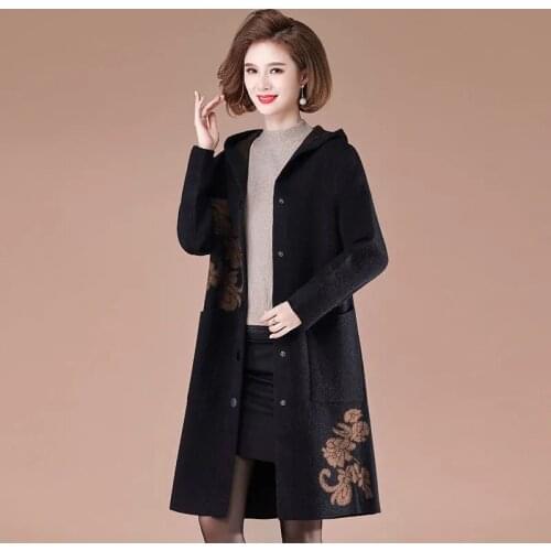 Womens Double Sided Cashmere Jacket 2021 Autumn Winter Hooded Long Woolen Coat Middle Aged Female Wool Coat Plus Size 5XL W2368
