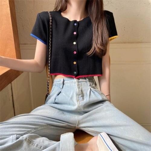 Female Korean Harajuku Retro Loose Rainbow Button Tshirt Womens T-shirts Tops Japanese Kawaii Ladies Ulzzang Clothes For Women