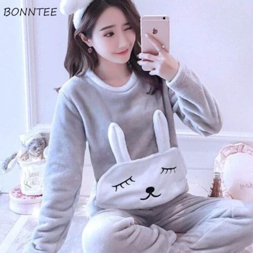 Pajama Sets Women O-neck Coral Velvet Warm Printed Korean Style Leisure Daily Thick Womens Soft Elegant Sleepwear New Chic Loose