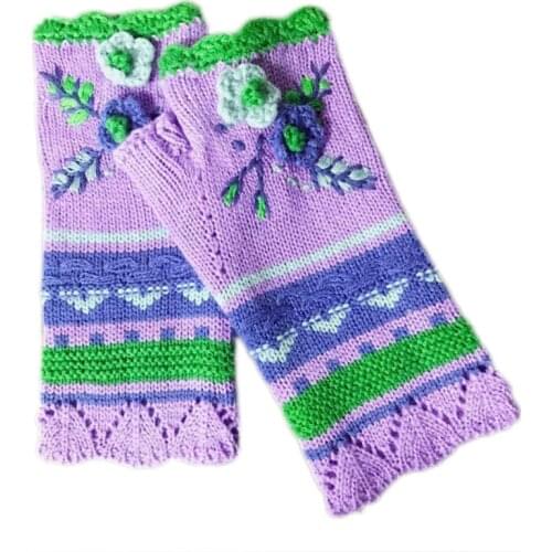 Women Winter Knit Fingerless Gloves Multicolor Crochet Floral Thumbhole Mittens A0NF