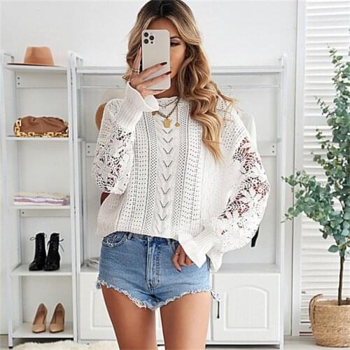 Women Autumn Short Round Neck Hollow Out Sweater Female Fashion Lace Patchwork Thin Sexy Knitted Pullover Top