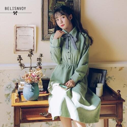 2020 Spring Autumn Womens Shirt Dress Turn-Down Collar Bow Corduroy Dress Lady Elegant Midi Dresses Woman Vestidos Female