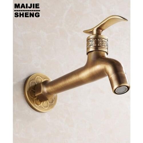 2014Long garden use Bibcock faucet tap crane Antique Brass Finish Bathroom Wall Mount Washing Machine Water Faucet Taps HJ-8661F