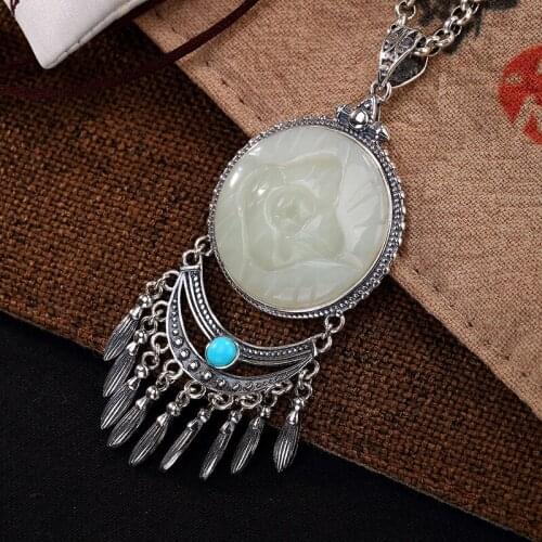 2018 Hot Sale S925 Pure Silver Hetian Jade Turquoise Lotus Tassel Retro Wholesale High-grade Ladies Sweater Chain Pendant