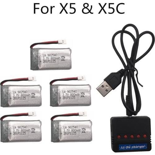 Limskey 800mAh 3.7V LiPo Battery + USB Charger for SYMA X5C X5 X5SW X5HW X5HC RC Drone Quadcopter 800 mAh Spare Battery Parts