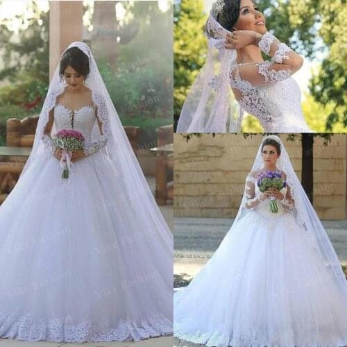Arabic Lace Wedding Dresses Puffy Ball Gown Sheer Long Sleeves Floor Length Wedding Gowns Bridal Dress Vestidos De
