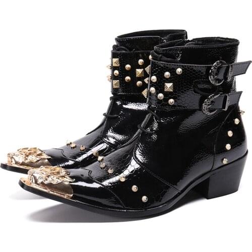 Zapatillas Hombre Italian Real Leather Men Rivets Boots Pointed Toe Buckle Ankle Boots Business Men Formal Autumn Dress Boots