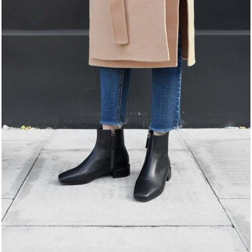 Black Brown Zipper Women Leisure Comfort Boots Leather Fashion Shoes Ladies Bootie Square Head Thick Heel Size 33-42