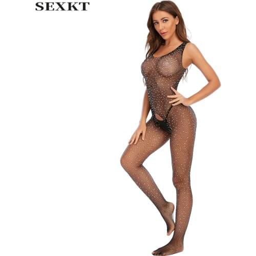 Erotic clothes European and American LadiesRhinestoneJumpsuitUniformSeduction Sexy Ope Long Sleeve Sexy Lingerie Fishnet Clothes