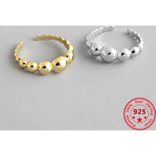 Hot S925 Sterling Silver Fine Rings Simple Geometric Beaded Glossy Gold-plated Opening Adjustable Rings Women Retro Jewelry