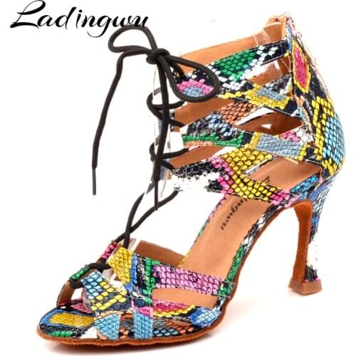 Ladingwu Dance Shoes Womens Latin Shoes Dance Boots Trend Snake texture Salsa Dance Shoes Wide and narrow adjustment Shoelace