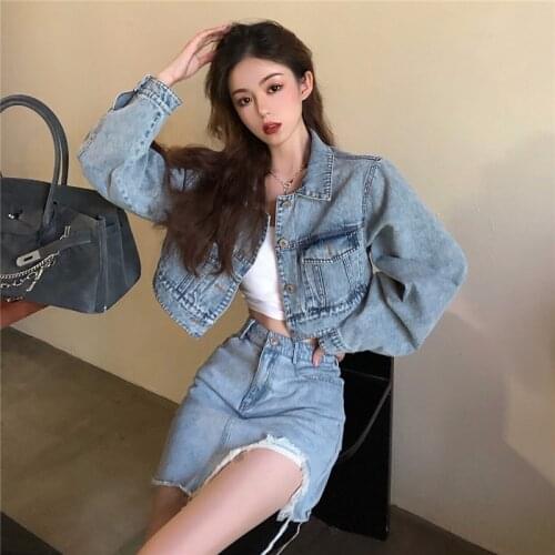 Fashion Streetwear Short Denim Jacket+high Waist Half-length Skirt Female Two-piece Jeans Jackets Women Spring Female Bomber New