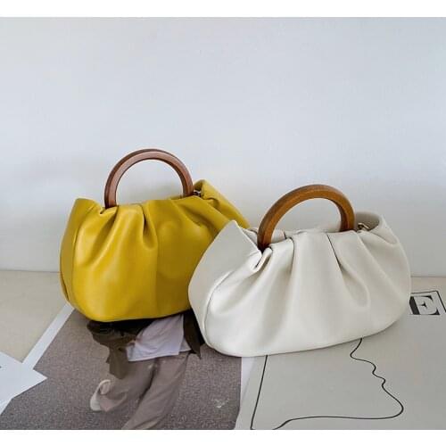 Fashion Wooden Handle Women Handbag Pleated Cloud Shoulder Bags for Women 2021 Designer Round Handle Dumpling Bag Crossbody Bags