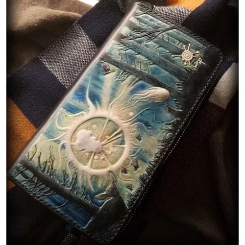 Handmade Wallets Carving Spirit Purses Men Long Clutch Vegetable Tanned Leather Wallet Card Holder