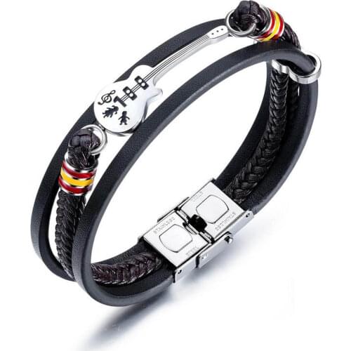 New Mens Leather Bracelet Multi-Layer Guitar Bangle Stainless Steel Musical Instrument Wristband for Men Boyfriend Jewelry Gift