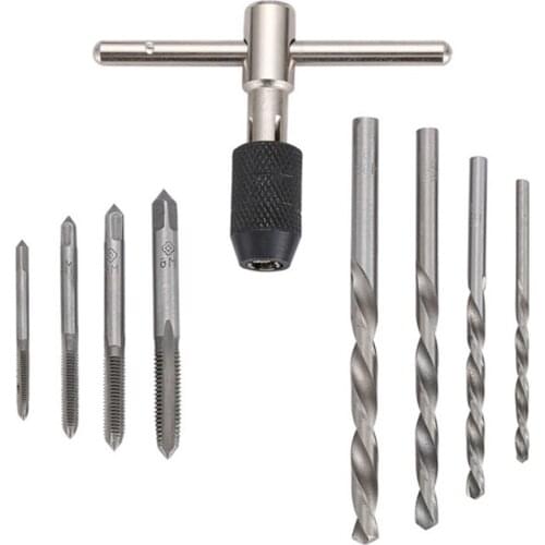 JLI 9pcs/Set M3/M4/M5/M6 T Type Machine Hand Screw Thread Taps Reamer Tap Set With 4pcs Twist Drill Bits Wrench Tool Accessories