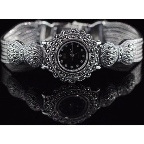 Limited Classic Elegant S925 Silver Pure Thai Silver Flower Bracelet Watches Thailand Process Rhinestone Bangle Dresswatch