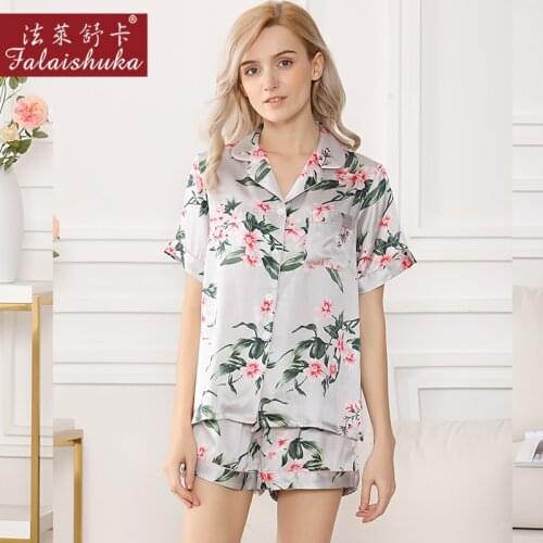 Sweet flower 100% genuine silk pyjamas women elegance short sleeve sleepwear 100% natural silk women pajamas sets New T8212