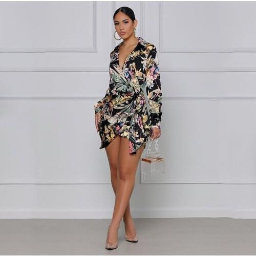 2021 Best Quality Fashion Design Shirt Dress Print V-neck Long Sleeve Office Lady Mini Dress Vestidos