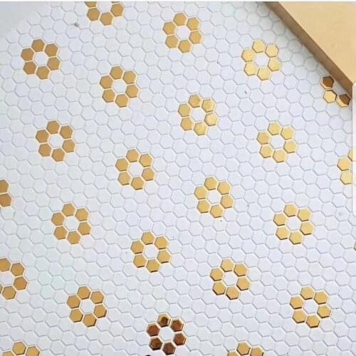 New Hexagon Glossy Gold White mixed Ceramic mosaic tile kitchen backsplash swimming pool bathroom 3D wall tile