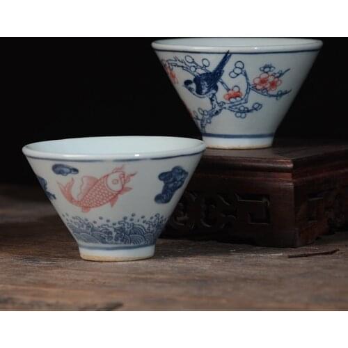 Antique Blue-and-white porcelain Tea Cup primitive master Cup Chinese Retro Ceramic Kung-fu Travel Tea Set Tea Bowl Teacups