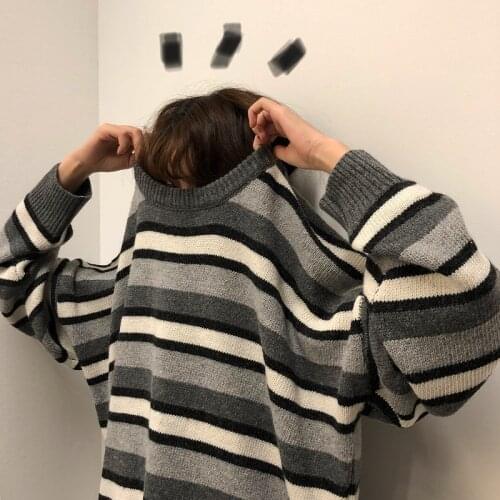 O-neck casual large size fun striped winter sweater women college couple loose Harajuku Ulzzang tops knitted chic sweater