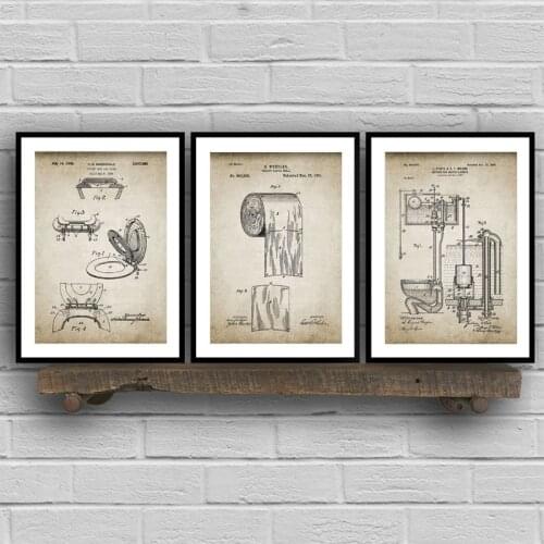 Bathroom Ware Patent Retro Poster Flush Toilet Paper Toilet Lid Patent Vintage Wall Art Canvas Painting Washingroom Decor Pairs