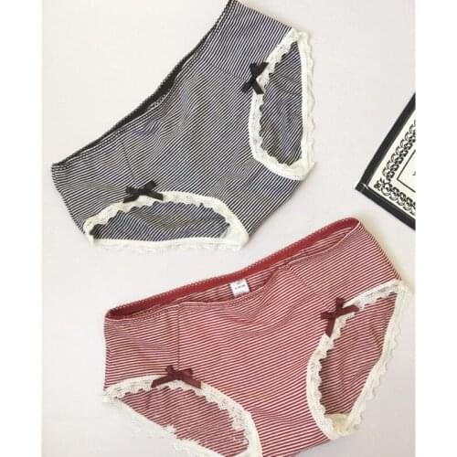 Japanese And Korean Cute Womens Underwear Corset Lace Sexy Lingerie Edge Bow Panties Seamless Breathable Stripe Briefs Thong