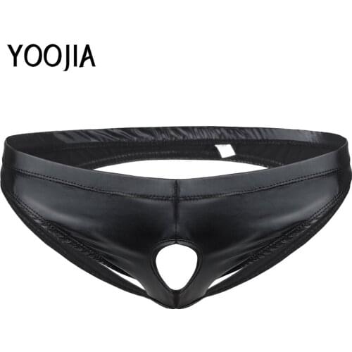 YOOJIA Exotic Panties Sexy Mens Shiny Patent Leather Lingerie Open Butt Thongs Underpants Bikini Briefs Jockstrap Gay Underwear
