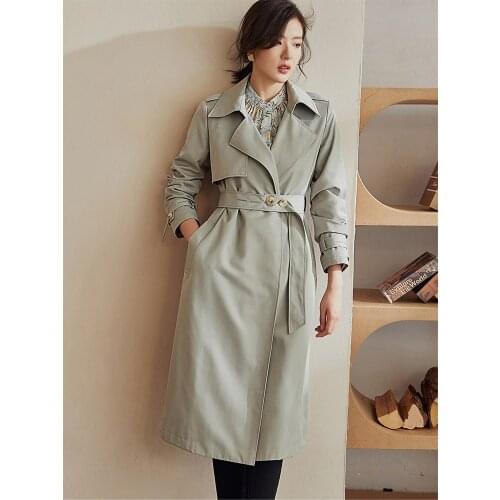 Intellectual ol stitched windbreaker womens 2021 autumn new temperament cyan gray lace up medium length coat